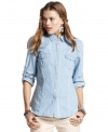 American Rag gives the chambray button down a fun makeover via polka dot print and roll tab sleeve design!