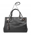 Luxurious bag in elegant black leather - Extremely high quality craftsmanship you can absolutely see - Stylish, roomy satchel (shopper) shape with one short carry handle and a long shoulder strap - Classy, gold-colored turn-key closures - Accent stitching adds a modern cool - A fantastic upgrade for simple  business and daytime looks