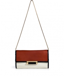 With a cool colorblock and modern black trim, Diane von Furstenbergs tri-tone leather clutch lends a contemporary edge to day and evening looks alike - Flap with matte push-lock bar closure, back slot pocket, removable snake-chain shoulder strap, inside zippered back wall pocket and card slot, gold-toned hardware - Wear during the day with edgy separates, or carry as a clutch at night with sleek cocktail frocks