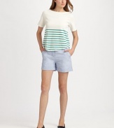 This nautical-inspired style is banded with crisp, colorful stripes.BoatneckShort sleevesRounded hemline87% cotton/13% acrylicDry cleanMade in USA of imported fabricModel shown is 5'10 (177cm) wearing US size 4. 