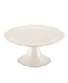 With fanciful beading and a feminine shape, this cake stand from the Lenox French Perle white dinnerware collection has an irresistibly old-fashioned sensibility. Hard-wearing stoneware is dishwasher safe and, in a soft white hue with antiqued trim, a graceful addition to dessert. Qualifies for Rebate