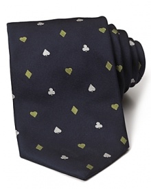 A card motif suits this silk navy just fine for clever office style.