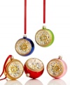 All kinds of dazzling. Already-brilliant ball ornaments are halved and filled with shimmering reflectors to set your tree aglow. Featuring five assorted colors with glitter trim from Martha Stewart Collection.