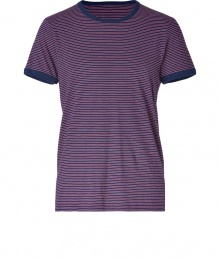 Always favorite stripes get an old-school remake in Marc by Marc Jacobs super soft cotton tee, perfect for starting off lazy weekends in style - Rounded neckline, short sleeves, blue trim - Classic straight fit - Wear with sweats and sporty sneakers, or layer under cozy knits and favorite cashmere scarves