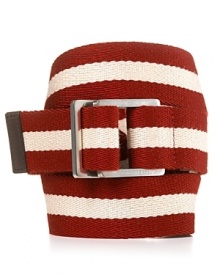 The double silver buckle gives this sporty stripe belt a sharp, modern edge.