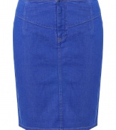 Mid blue tight denim pencil skirt - zipper at the front - Darts at waist create a great nipped in look - wear during the day with a tucked-in shirt - wear at the office or after work with a chic cropped jacket or blazer - create longer looking legs by wearing ankle boots or platform booties