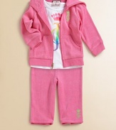 An adorable coordinating set includes a zip-front hoodie and matching sweatpants for a sporty, yet girlie, ensemble. Hoodie Attached hoodLong sleevesFront zip closure with 'J' pullRib-knit cuffs and hemSplit kangaroo pockets Pants Elastic waistband80% cotton/20% polyesterMachine washImported