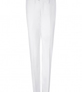 Stylish pant in fine, white cotton and linen blend - Lightweight and soft, feels great against the skin - Slim, narrow cut - Crease detail extends from upper thigh to hem, elongating the silhouette - Tab waist with belt loops and zip fly - Two slit pockets at front, single slit pocket with button at back - A modern, sophisticated classic ideal for work or leisure - Pair with a polo shirt and retro trainers or style with a blazer and dressier lace-ups