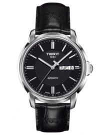 Lend a look of luxury with this handsome leather watch from Tissot's Automatic III collection.