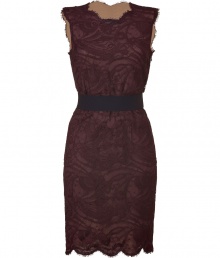 Stunning in a wine-inspired hue, this lace dress from Emilio Pucci channels old-fashioned elegance - Round neckline, sleeveless, sheer lace overlay with solid neutral underlay Elasticized waistband, scalloped lace hem, fitted silhouette, concealed side zip closure - Wear with a cropped evening jacket and classic platform pumps