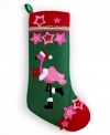 Head south for the winter with a Christmas stocking trimmed in pink stars and flamingos. Embroidered details and colorful ribbons dress up a red and green boot for a bright, sunny holiday.