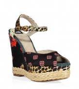 Inject quirky-cool style into your warm weather look with these mixed print wedges from D&G Dolce & Gabbana - Peep-toe, ankle strap with buckle closure, woven-detailed wedge heel, all-over mixed print - Style with bohemian-inspired dresses or with an elevated jeans-and-tee ensemble