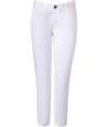 Stunning summer pants in white cotton - looks clean, fresh and pure - great for hot days on vacation, in the city - mega trendy 3/4 mid-calf length - typical chino cut, i.e. pretty casual, relaxed and comfortable cut -  pants have a slightly higher waist, belt loops, marked button closure - nice with the new wedge-heels (wedge heels make your legs look slender)