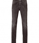 Stylish pants in fine grey cotton stretch blend - Ultra-fine wale corduroy - Slim, straight cut tapers at ankles - Lighter color through knees - Classic five-pocket styling with belt loops and button closure - A cool, comfortable basic that is truly versatile - Pair with pullovers, button downs and blazers and style with lace-up boots or oxfords