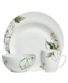 Vera Wang's Floral Leaf watercolor place settings add fresh artistry to a chic bone china canvas. Smooth coupe shapes in clean white bloom with crisp greens for a modern place setting that's ideal for every day.