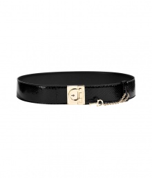 Pull together sleek tailored looks with this exquisitely luxurious python belt from Salvatore Ferragamo - Gold-toned logo lock buckle with key attached - A glamorous finish to tailored sheath dresses and matching jet black accessories