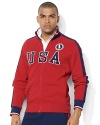 Accented with bold country embroidery to celebrate Team USA's participation in the 2012 Olympic Games, a full-zip mockneck jacket in breathable cotton piqué exudes casual comfort and style in an updated trim fit.