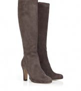 Update your new season style with these chic sixties-inspired suede boots from LAutre Chose - Round toe, mid-heel, knee-length, elasticized side panel for comfort, side zip closure - Wear with skinny jeans, a mini-skirt, or corduroys