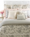 A detailed toile print of cherry blossoms and branches cascades over a sumptuous cream ground in the Saint Honore comforter. Streamlined piping and a frame of grosgrain ribbon finishes this traditional look with a touch of modern romance. Reverses to a subtle houndstooth print for an impressive transformation in style.