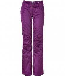 Stay stylish from the lodge to the slopes in these ultra-luxe shimmering ski pants from Jet Set - Zip fly, zippered back pockets, adjustable belt at front with elasticized waistline in back, zippered ankles, layered lining from knee to ankle with elasticized cuff and silicone band for hold - Slim, flared silhouette - Style with a figure-hugging cashmere pullover, shearling boots, and a sleek parka