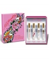 Experience the Ed Hardy Fragrance Collection for Women with this Deluxe Gift Set, which includes a .3 oz Rollerball Eau de Parfum of Ed Hardy Women, Hearts and Daggers, Born Wild, and the newest addition: Villain.