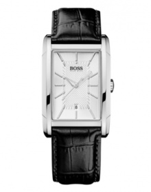 Adopt a striking persona with this Hugo Boss watch. Crafted of black croc-embossed leather strap and rectangular stainless steel case. Silver tone dial with grid-patterned inner dial, applied stick indices, three hands, logo at twelve o'clock and date window at six o'clock. Quartz movement. Water resistant to 30 meters. Two-year limited warranty.