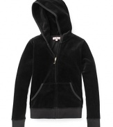 This plush velour Juicy Couture hoodie features a gold metallic Varsity Heart Seal logo at back and a cozy kangaroo pocket.