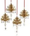 Gold glitter creates a luminous look upon your tree in these chandelier Christmas tree ornaments, embellished with acrylic jewel drops.