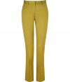 Stylish pants in fine, light green cotton and nylon blend - Truly comfortable, thanks to a touch of stretch - Slim cut flares gently at hem, crease detail accentuates a long, lean silhouette - Tab closure, with zip fly and belt loops - Medium rise, with chic, single white button and contrast white fabric trim at back pocket - Versatile and polished, an indispensable basic -  Style with light cashmere pullovers, silk blouses and draped tops