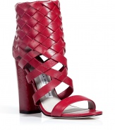 Ultra-edgy oxblood braided ankle cuff sandals - A bold woven detailed cuff add a downtown-ready kick to these stylish sandals - Ankle cuff with basket weave-styled leather, chunky heel, back zip closure with patent leather detail - Pair with a bold-shouldered mini-dress, patterned heels, and a leather trench