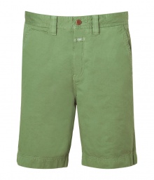 Casual shorts in fine, pure grass green cotton - Soft, lighter weight fabric has a relaxed, worn-in look - Classic Bermuda style is slim and hits above the knee - Belt loops, zip fly and button closure - Slash pockets at sides, welt pockets at rear - Rugged and cool, ideal for pairing with t-shirts, button downs and polos