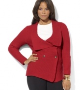 A double-breasted cardigan with an elegantly draped shawl collar creates a flattering silhouette that fastens at the waist with a Lauren Ralph Lauren button.