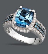 Incorporate a cool blue statement ring into your look. An oval-cut London blue topaz (4-1/5 ct. t.w.) is the center of attraction amidst rows of round-cut blue diamonds (1/3 ct. t.w.) and white diamonds (1/2 ct. t.w.). Set in 14k white gold.