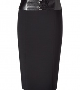 Stylish skirt of fine black wool stretch - Elegant leather waistband - Typical pencil cut, slim and knee length - The eye-catcher: the decorative double buckle belt - A hit for work and parties - Pair with a white shirt or chiffon top - as well as pumps, booties or sandals