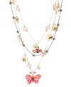 Pretty in pink. Betsey Johnson puts this pastel hue to good use in a delicate three-row illusion necklace. Crafted in gold-plated mixed metal with a striped bumblebee, a pink butterfly and sparkling crystal accents. Approximate length: 16 inches + 2-inch extender. Approximate drop: 3-1/4 inches.