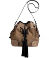 Set the style bar with Sara Battaglias statement drawstring shoulder bag, detailed in easy-to-wear nude hues, guaranteed to make an ultra chic impact - Taupe and sand suede with black leather detailing, removable black leather shoulder strap, chain-link handles, oversized drawstring tassels, silver-toned hardware, studded front panel, green satin lining - Carry with edgy separates and sleek black accessories