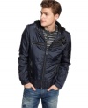 In a sleek nylon with a detachable hood, this rad jacket from Guess instantly kicks your style into high gear.