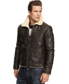 Get on board with this sleek INC International Concepts bomber jacket lined with warm faux shearling.