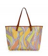 Stash away your warm weather essentials in Emilio Puccis characteristic printed PVC tote, detailed with smooth leather handles for a polished look - Belted leather double top handles, bright pink interior - Wear with a sundress and sandals in the city, or carry to the beach with a bright string bikini