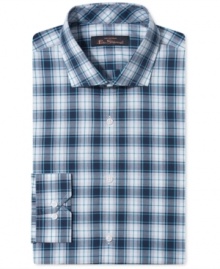 Checkers get a fresh update with bold color for a strong statement with this slim-fit dress shirt from Ben Sherman.