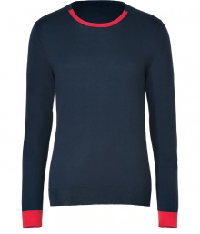 Work a cool colorblock into your knitwear collection with Marc by Marc Jacobs luxe modern iteration in a super soft mix of silk, cotton and cashmere - Round neckline with red trim, long sleeves, red cuffs, fine ribbed trim, red trim on back hemline - Slim fit - Wear with slim fit trousers and leather boots