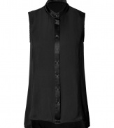 A chic workweek staple perfect for dressing up or down, Rag & Bones sleeveless top is a cool modern choice - Stand-up collar, sleeveless, satin trim, button-down front, slit sides, longer back, scalloped trim - Loosely draped fit - Wear with a boyfriend blazer, skinnies and heels