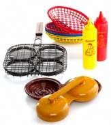 Everybody loves a burger! Serve up the newest party sensation with this deluxe grill set, which includes grill basket, BBQ serving set and a double patty press. It's easy to prep and dish out perfect patties infused with rich, smoky flavor! 1-year warranty.