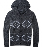 This Rocawear cardigan will keep you toasty in style, with a hood and on-trend knit pattern design.