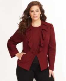 INC's plus size topper is the right choice for transitioning between seasons. Ruffles and an asymmetrical closure give it a unique look. (Clearance)