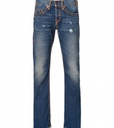 With Western-inspired details, these stylish distressed jeans from True Religion will amp up your casual basics - Classic five-pocket styling, fading details, decorative back pockets with logo detail, contrast stitching - Straight leg, slim fit - Pair with a tee and a blazer or a cashmere sweater