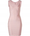 Luxurious dress in fine pale rose rayon blend - very high quality material with comfortable stretch content - one of the famous bandage dresses by fashion darling Herv? L?ger with fans like Elle Macpherson, Kylie Minogue, Kate Winslet - the secret lies within the slim fabric bandages which sharply stage the feminine body - elegant draped crew neck and short cap sleeves - figure hugging cut, feminine waist fit - sexy mini-length - a glamour dress for the special moments in life - pair with metallic sandals and an exclusive clutch