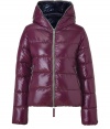 A sleek outer shell and vibrant contrast lining lend this Duvetica down jacket its sporty and stylish edge - In a lighter weight, wind- and water-resistant bordeaux polyamide with grey trim - Slim cut tapers through waist and fits close to the body for extra warmth - Full zip, hood and oversize diagonal zippered pockets at front - Perfect for cold weather casual looks - Pair with denim, leggings and cords