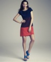 Colorblocking goes luxe with Eliza J's silk shift dress--a sumptuous texture in a completely flattering silhouette.