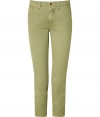 Stylish pants in fine, pure olive green cotton - Classic slim chino cut crops at ankles - Medium rise, with belt loops and button closure - Slash pockets at sides, flattering welt pockets at rear - Relaxed and casually cool, a fresh alternative to jeans - Pair with a tunic top and sandals, or a cardigan, t-shirt and ballet flats